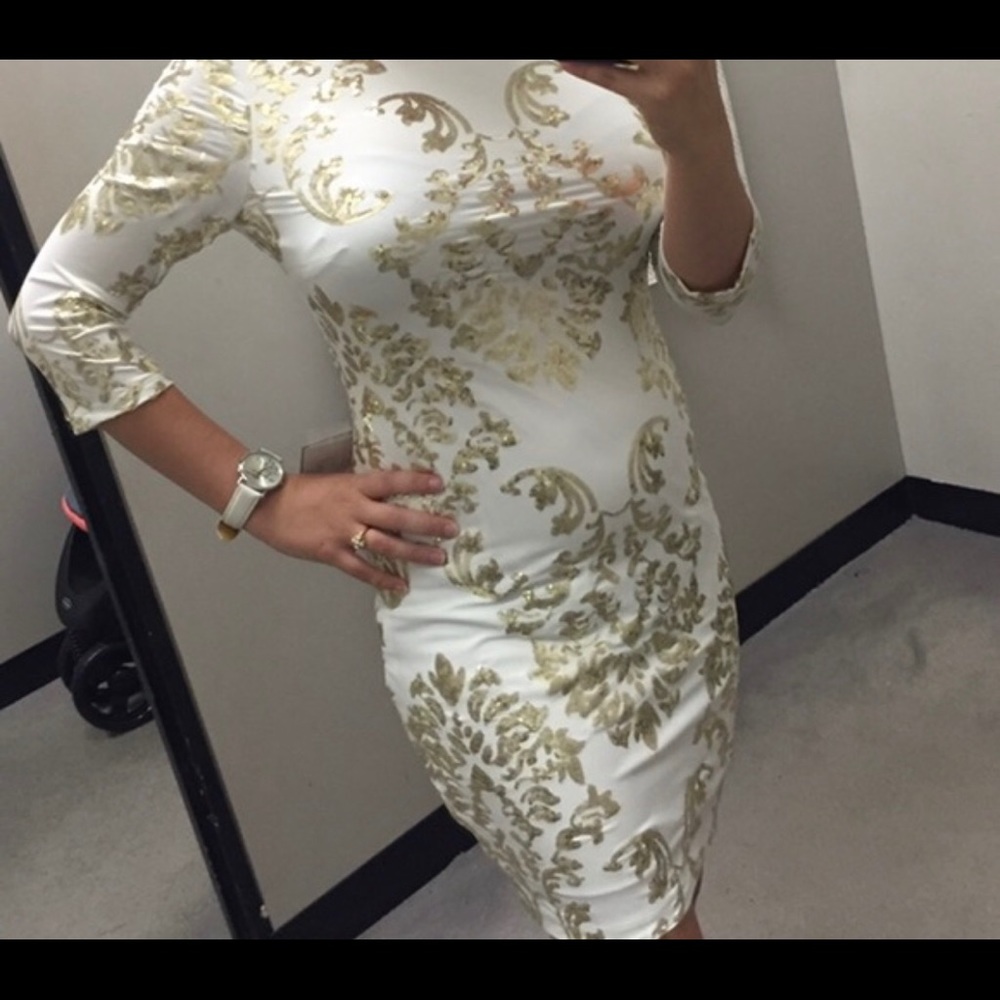 Designer White and gold dress formal Sheath